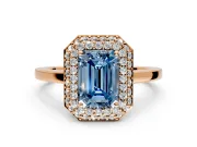 Halo Engagement Ring Setting for Fancy Blue Emerald Cut Center with Plain Tapered Band and Prong Head in Rose Gold