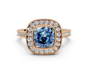 Halo Engagement Ring Setting for Fancy Blue Cushion Cut Center with Milgrain Frame, Pave Band and Prong Head in Rose Gold