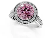 Halo Engagement Ring Setting for Fancy Pink Round Cut Center with Outer Bezel Rim, Pave Band and Prong Head in White Gold