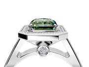 Halo Engagement Ring Setting for Fancy Green Radiant Cut Center with Outer Bezel Rim, Pave Band and Prong Head in Platinum