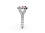 Double Halo Engagement Ring Setting for Fancy Pink Oval Center with Narrow Pave Split Shank and Prong Head in Platinum