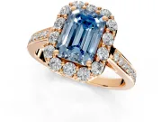 Floral Halo Engagement Ring Setting for Fancy Blue Emerald Cut Center with Large Halo Accents and Prong Head in Rose Gold