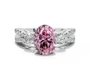 3 Stone Engagement Ring Setting for Fancy Pink Oval Center with Pave Split Shank and Prong Head in White Gold
