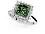 Starburst Halo Engagement Ring Setting for Fancy Green Princess Cut Center with Thin Round-Wire Band and Prong Head in White Gold