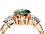 3 Stone Engagement Ring Setting for Fancy Green Heart-Shaped Center with Matching Side Accents and Prong Head in Rose Gold