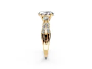 3 Stone Engagement Ring Setting for Oval Center with Pave Split Shank and Prong Head in Yellow Gold