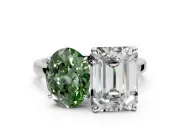 Fancy Green Oval and Emerald Cut Lab-Grown Diamond Toi et Moi Engagement Ring with Prong-Set Stones in White Gold