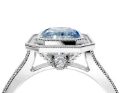 Halo Engagement Ring Setting for Fancy Blue Radiant Cut Center with Milgrain Pave Band and Bezel Head in White Gold