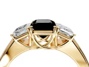 3 Stone Engagement Ring Setting for Fancy Black Emerald Cut Center with Raised Basket Heads and Prong Head in Yellow Gold