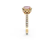 Halo Engagement Ring Setting for Fancy Pink Asscher Cut Center with Openwork Halo, Pave Band and Prong Head in Yellow Gold