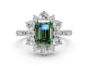 Floral Halo Engagement Ring Setting for Fancy Green Emerald Cut Center with Pave Accents and Prong Head in Sterling Silver