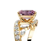 Solitaire Engagement Ring Setting for Fancy Pink Emerald Cut Center with Pave Bypass Twist Band and Prong Head in Yellow Gold