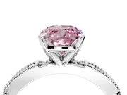 Solitaire Engagement Ring Setting for Fancy Pink Cushion Cut Center with Milgrain-Edged Pave Band and Prong Head in Platinum