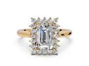 Starburst Halo Engagement Ring Setting for Emerald Cut Center with Thin Round-Wire Band and Prong Head in Yellow Gold