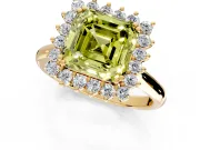 Starburst Halo Engagement Ring Setting for Fancy Yellow Asscher Cut Center with Thin Round-Wire Band and Prong Head in Yellow Gold