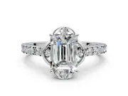 Floral Engagement Ring Setting for Emerald Cut Center with Pave Band and Floral Prong Head in Platinum