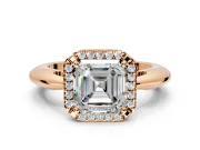 Halo Engagement Ring Setting for Asscher Cut Center with Tapered Plain Band and Prong Head in Rose Gold