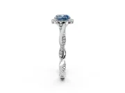 Halo Engagement Ring Setting for Fancy Blue Cushion Cut Center with Twist Band and Prong Head in White Gold