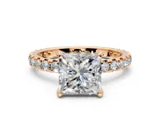 Solitaire Engagement Ring Setting for Princess Cut Center with Shared-Prong Accents and Prong Head in Rose Gold