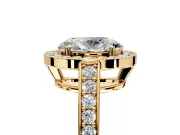 Bezel-Framed Halo Engagement Ring Setting for Oval Center with Pave Band and Prong Head in Yellow Gold