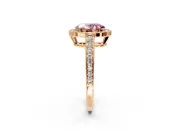 Bezel-Framed Halo Engagement Ring Setting for Fancy Pink Oval Center with Pave Band and Prong Head in Rose Gold