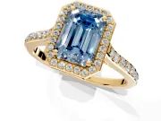 Halo Engagement Ring Setting for Fancy Blue Emerald Cut Center with Pave Accents, Heart Basket and Prong Head in Yellow Gold