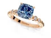 Solitaire Engagement Ring Setting for Fancy Blue Cushion Cut Center with Bezel-Dot Beaded Band and Prong Head in Rose Gold
