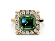 Single Halo Engagement Ring Setting for Fancy Green Asscher Cut Center with Corner Claws, Plain Band and Prong Head in Yellow Gold
