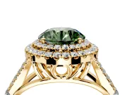 Double Halo Engagement Ring Setting for Fancy Green Round Cut Center with Narrow Pave Split Shank and Prong Head in Yellow Gold