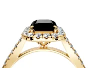 Halo Engagement Ring Setting for Fancy Black Emerald Cut Center with Narrowing Pave Band and Prong Head in Yellow Gold
