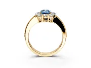 Halo Engagement Ring Setting for Fancy Blue Emerald Cut Center with Milgrain Channel Band and Prong Head in Yellow Gold