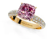 Solitaire Engagement Ring Setting for Fancy Pink Cushion Cut Center with Domed Multi-Row Pave Band and Prong Head in Yellow Gold