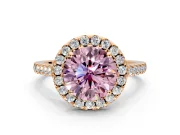 Halo Engagement Ring Setting for Fancy Pink Round Cut Center with Raised Halo, Pave Band and Prong Head in Rose Gold
