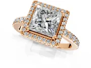 Halo Engagement Ring Setting for Princess Cut Center with Inner Milgrain Border and Prong Head in Rose Gold