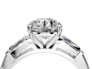 3 Stone Engagement Ring Setting for Round Cut Center with Tapered Baguettes, Plain Band and Prong Head in White Gold