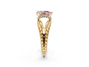 Halo Engagement Ring Setting for Fancy Pink Pear-Shaped Center with Rope Twist Split Shank and Prong Head in Yellow Gold