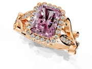 Halo Engagement Ring Setting for Fancy Pink Radiant Cut Center with Leaf Motif Split Shank and Prong Head in Rose Gold