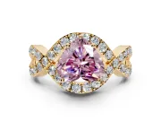 Halo Engagement Ring Setting for Fancy Pink Heart-Shaped Center with Pave Infinity Twist Band and Prong Head in Yellow Gold