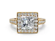 Bezel-Framed Halo Engagement Ring Setting for Princess Cut Center with Pave Band and Prong Head in Yellow Gold