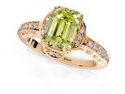 Floral Engagement Ring Setting for Fancy Yellow Emerald Cut Center with Four Accent Clusters and Prong Head in Rose Gold