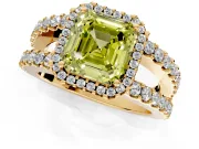 Halo Engagement Ring Setting for Fancy Yellow Asscher Cut Center with Wide-Open Pave Split Shank and Prong Head in Yellow Gold