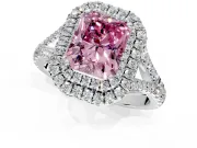 Double Halo Engagement Ring Setting for Fancy Pink Radiant Cut Center with Narrow Pave Split Shank and Prong Head in White Gold