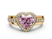 Halo Engagement Ring Setting for Fancy Pink Heart-Shaped Center with Wide Band, Inlaid Accent Row and Prong Head in Yellow Gold