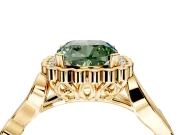 Halo Engagement Ring Setting for Fancy Green Cushion Cut Center with Leaf Motif Split Shank and Prong Head in Yellow Gold