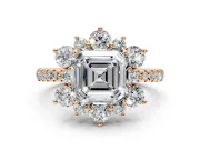 Floral Halo Engagement Ring Setting for Asscher Cut Center with Pave Accents and Prong Head in Rose Gold
