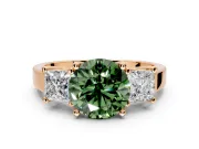 3 Stone Engagement Ring Setting for Fancy Green Round Cut Center with Matching Side Accents and Prong Head in Rose Gold