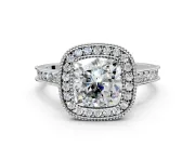 Halo Engagement Ring Setting for Cushion Cut Center with Milgrain Pave Band and Bezel Head in Platinum