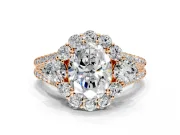 Halo Engagement Ring Setting for Oval Center with Two-Strand Split Shank and Prong Head in Rose Gold