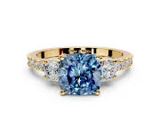 3 Stone Engagement Ring Setting for Fancy Blue Cushion Cut Center with Round Cut Side Accents and Prong Head in Yellow Gold