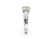 3 Stone Engagement Ring Setting for Fancy Yellow Radiant Cut Center with Raised Basket Heads and Prong Head in Platinum